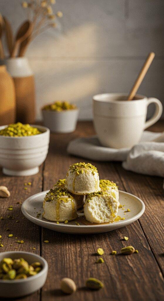 Close-up of No-Bake Ricotta Pistachio Honey Bites on a ceramic plate in a cozy kitchen setting, featuring the creamy bites topped with crushed pistachios and honey drizzle, illuminated by warm natural light.