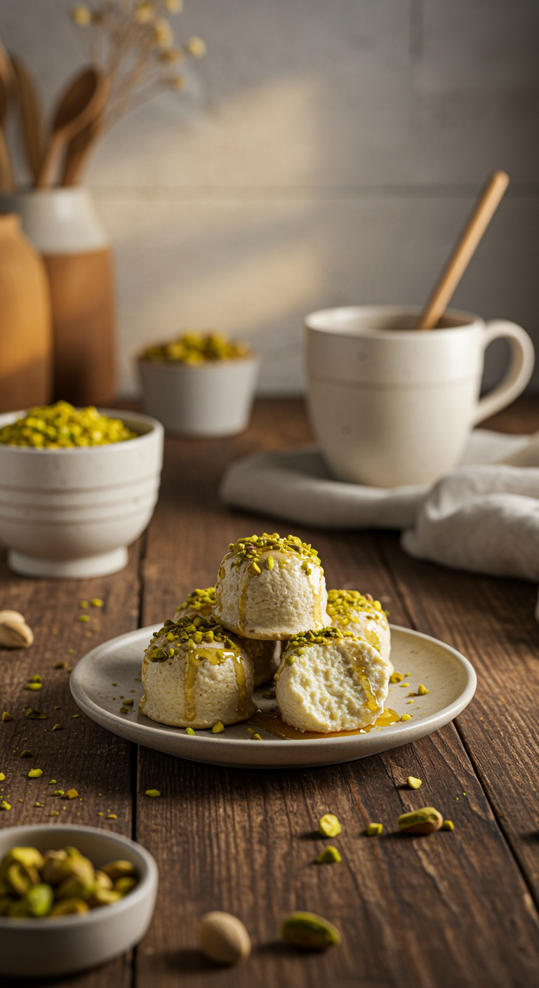 Close-up of No-Bake Ricotta Pistachio Honey Bites on a ceramic plate in a cozy kitchen setting, featuring the creamy bites topped with crushed pistachios and honey drizzle, illuminated by warm natural light.