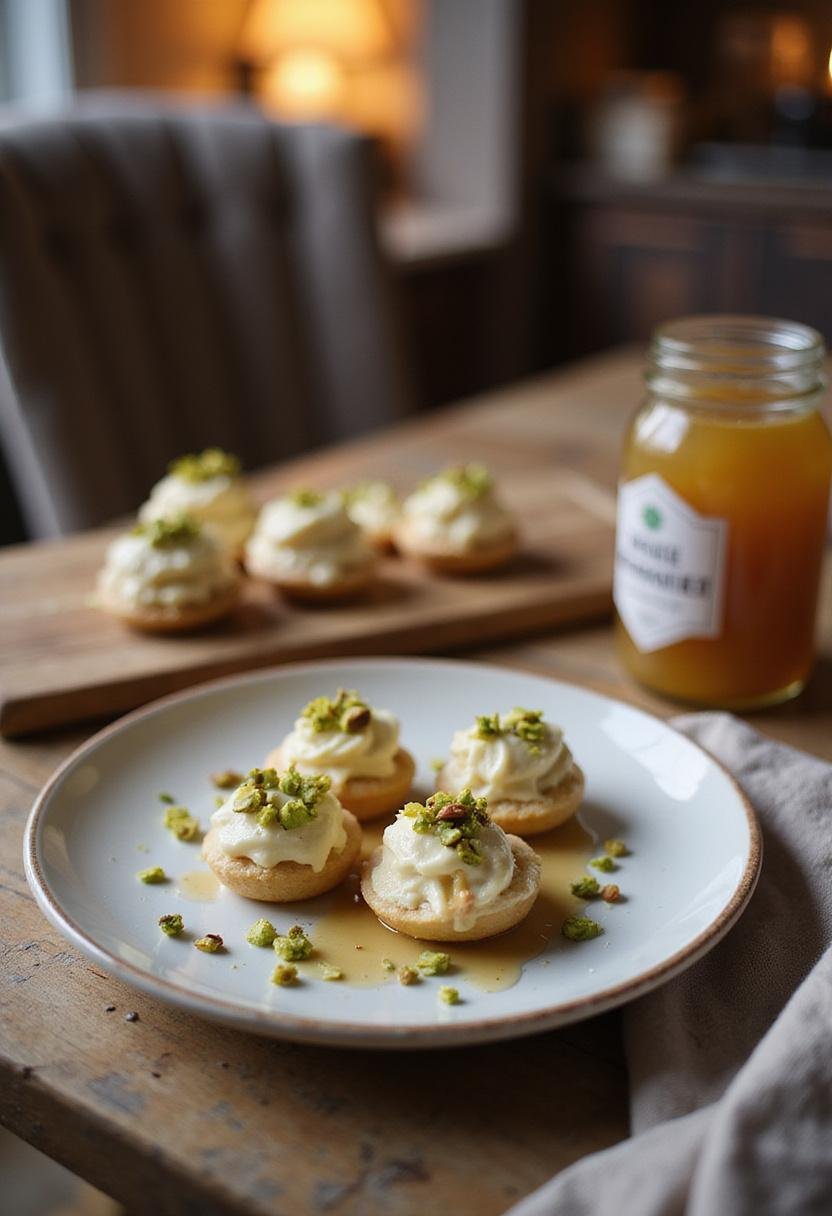 Realistic image of No-Bake Ricotta Pistachio Honey Bites on a small plate in a cozy home kitchen setting, featuring the treats topped with pistachios and honey, under warm, natural lighting.