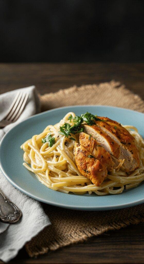 A close-up of a creamy cowboy butter chicken linguine on a plate, featuring tender chicken, pasta in a rich sauce, garnished with herbs, in a cozy home setting with warm lighting.