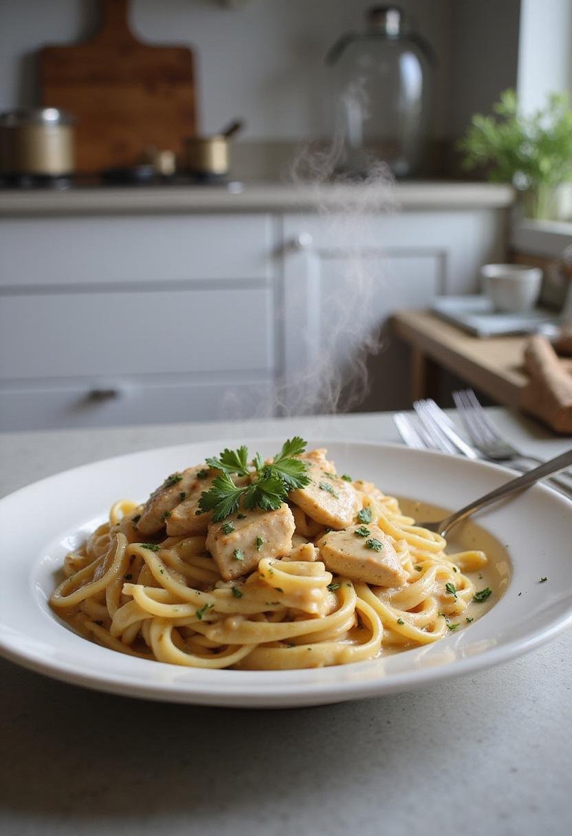 A detailed image of flavorful cowboy butter chicken linguine on a plate in a kitchen setting, showcasing the creamy sauce and garnished herbs, with kitchen appliances and utensils visible in the background.