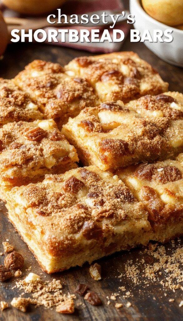 A close-up of Chasety's Apple Crisp Shortbread Bars showing golden-brown crust topped with apple slices and crispy crumble.