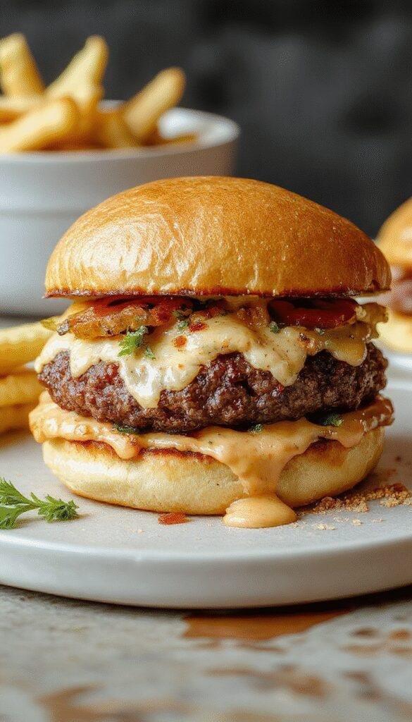 A close-up of cheesy crack burgers showing juicy beef patties topped with melted cheese, crispy bacon, and fresh toppings in a toasted bun.