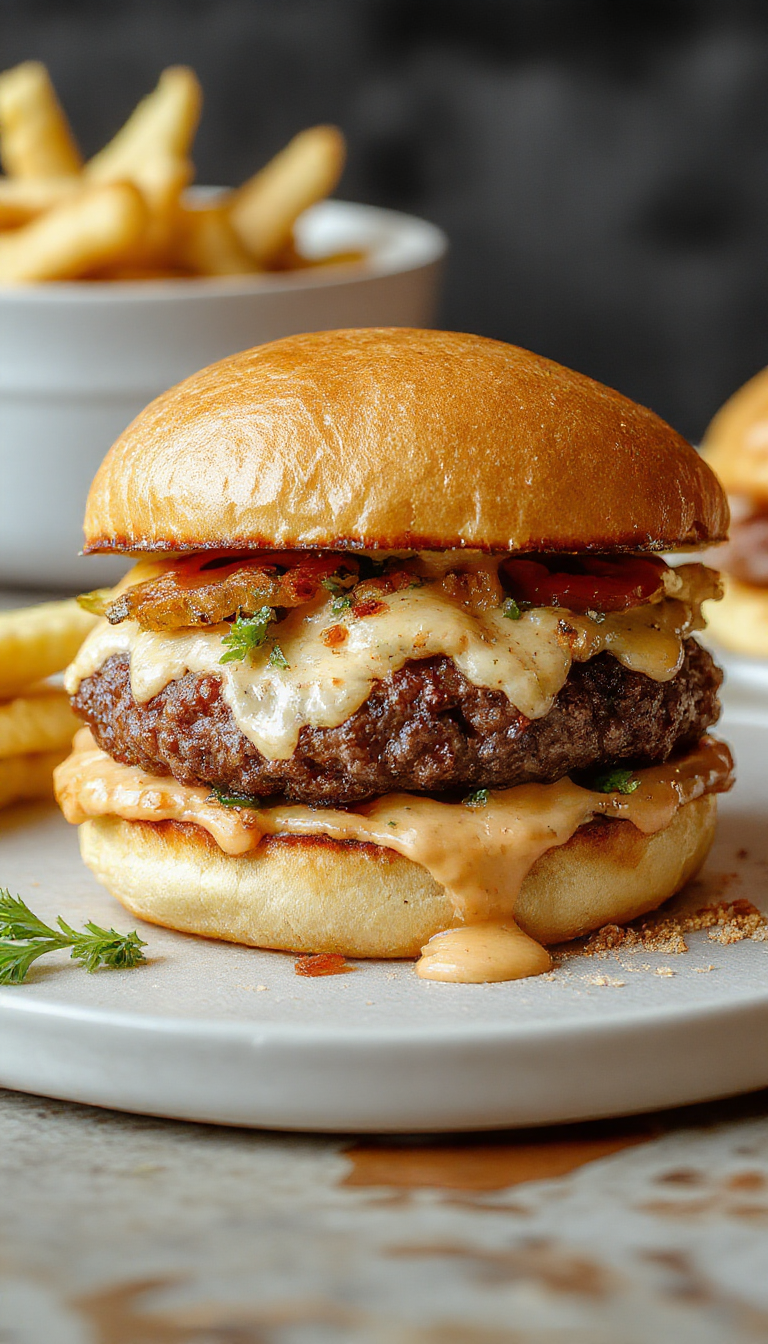 A close-up of cheesy crack burgers showing juicy beef patties topped with melted cheese, crispy bacon, and fresh toppings in a toasted bun.