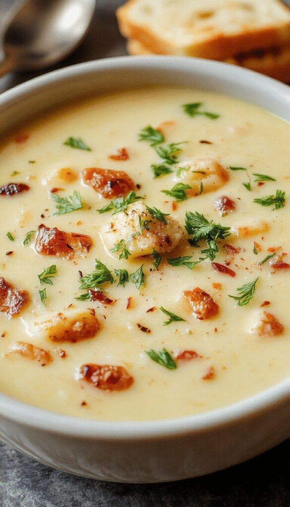 A steaming bowl of Cozy & Creamy Soup with a dollop of cream and sprigs of fresh herbs on top, served with crusty bread on a rustic table.
