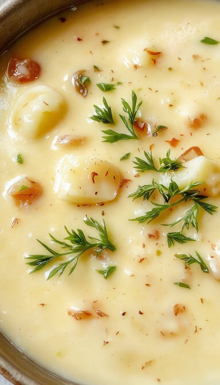 A warm bowl of Creamy Cheddar Garlic Herb Potato Soup garnished with fresh herbs and a sprinkle of shredded cheddar cheese, Steam rising from the bowl.