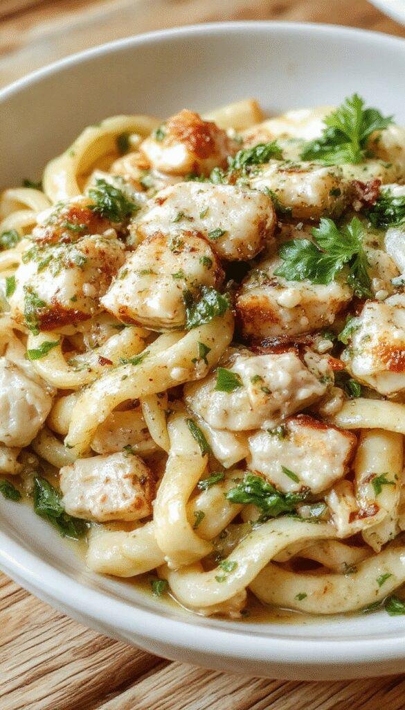 Creamy pesto chicken pasta served on a white plate with fresh basil garnish, showcasing tender chicken pieces mixed with pasta and vibrant green pesto sauce.