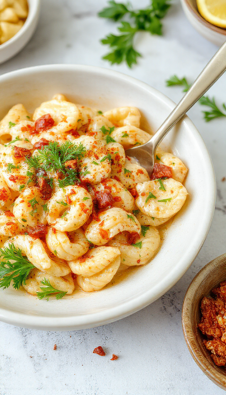 A colorful bowl of creamy protein pasta topped with fresh herbs and vegetables, ready to serve in just 15 minutes.