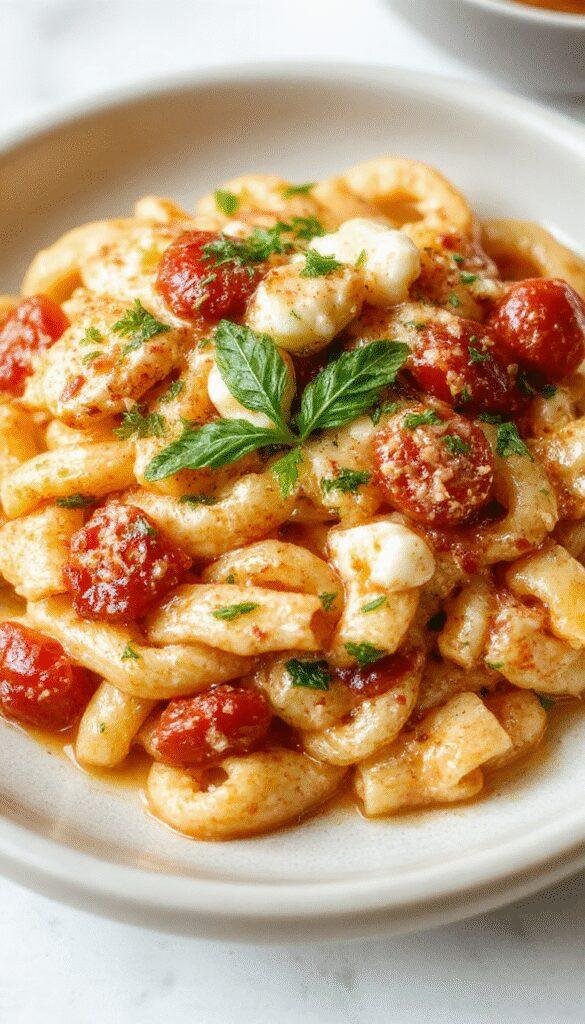 A bowl of creamy tomato ricotta pasta garnished with fresh basil, served on a rustic wooden table with a fork resting on the side.