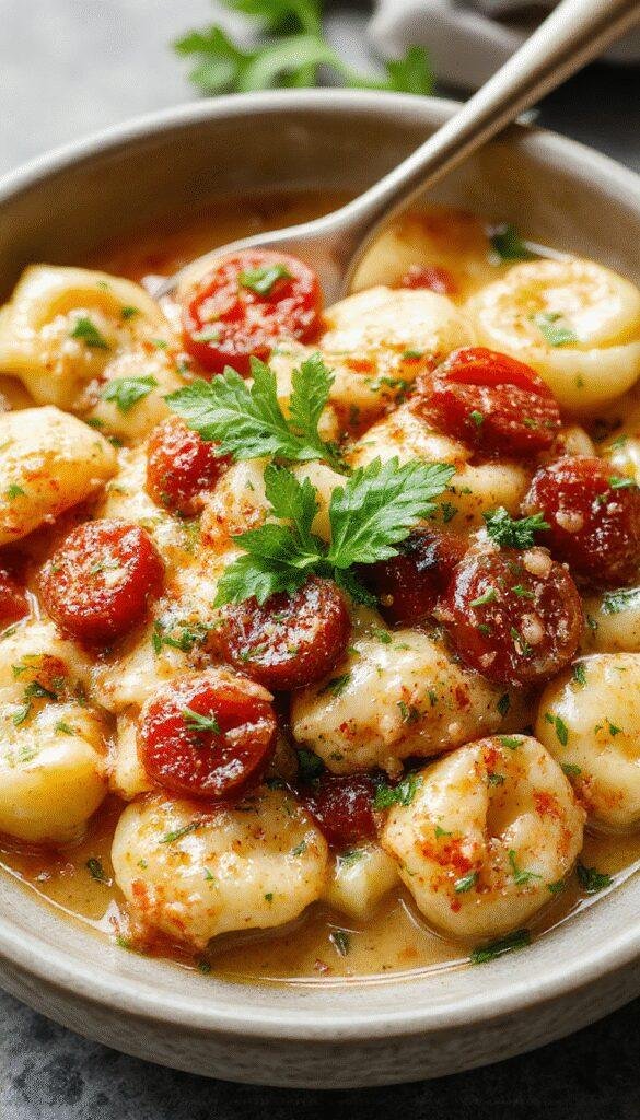 A bowl of creamy tomato tortellini garnished with fresh basil and grated cheese, served on a rustic wooden table.
