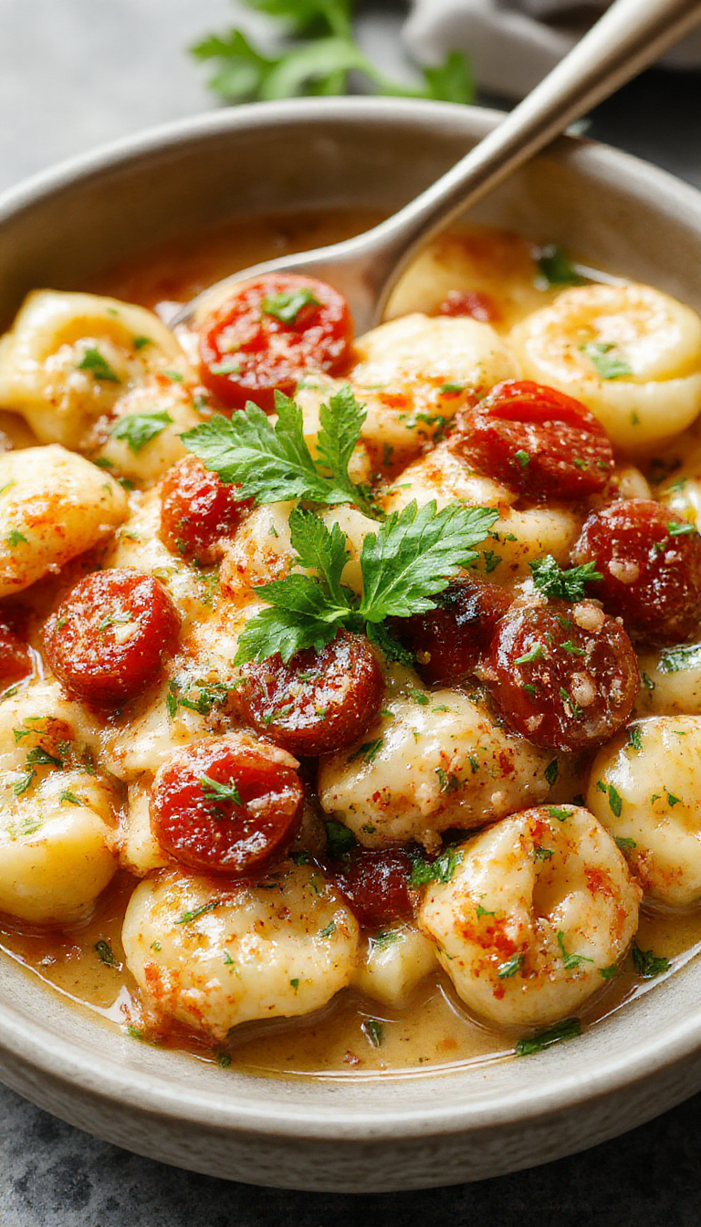 A bowl of creamy tomato tortellini garnished with fresh basil and grated cheese, served on a rustic wooden table.