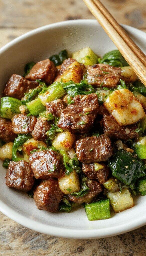 Colorful beef and vegetable stir fry in a wok, featuring sliced beef, bell peppers, broccoli, and carrots with a glossy sauce