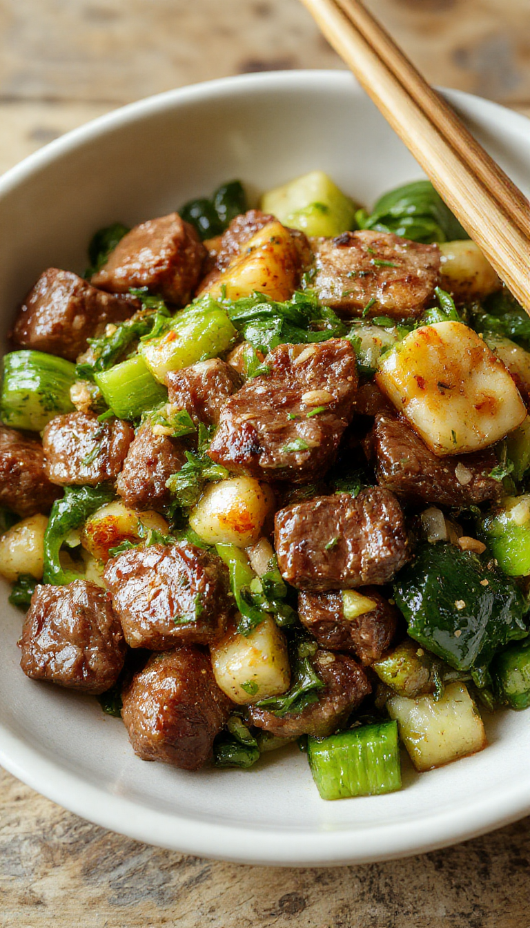 Colorful beef and vegetable stir fry in a wok, featuring sliced beef, bell peppers, broccoli, and carrots with a glossy sauce
