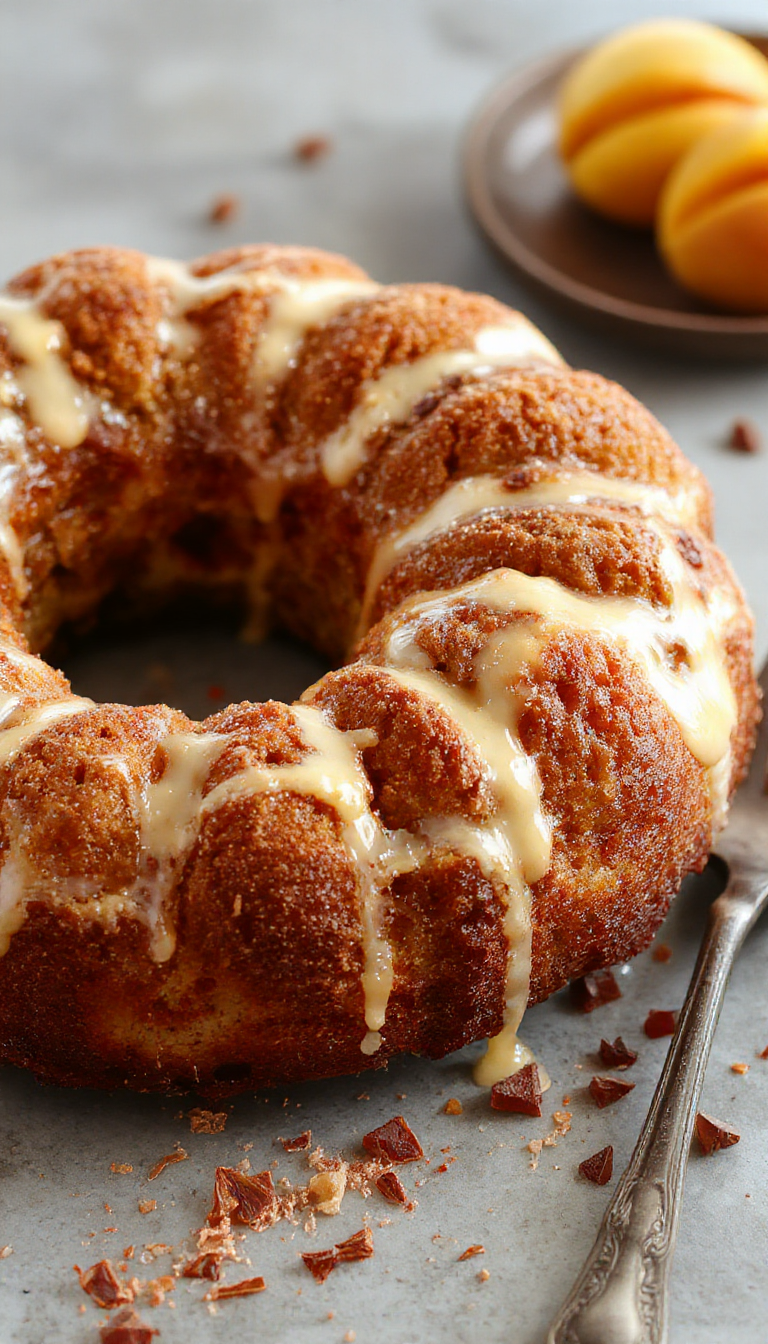 A slice of Easy Brown Sugar Peach Cake showcasing moist layers topped with caramelized peaches and brown sugar glaze.