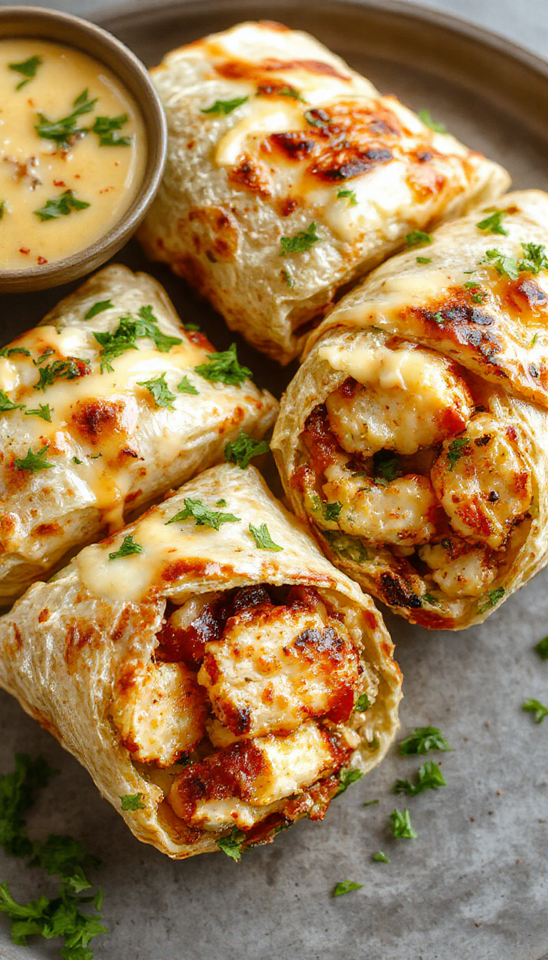 Close-up of cheesy garlic chicken wraps with melted cheese, crispy outer shell, and fresh greens on a plate