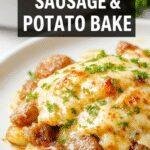 A savory casserole featuring golden roasted sausages, crispy potatoes, melted cheese, and fresh herbs in a rustic baking dish.
