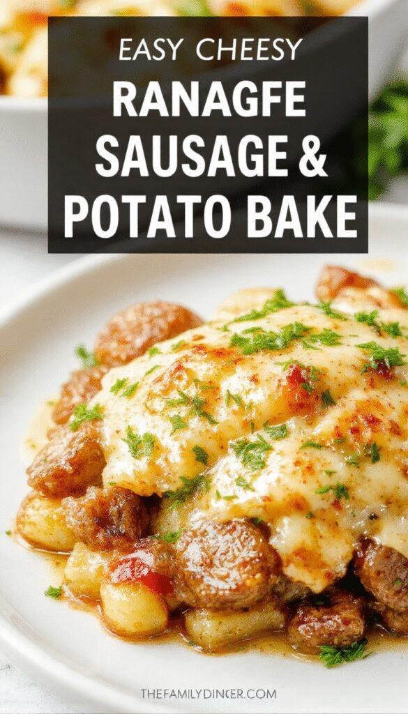 A savory casserole featuring golden roasted sausages, crispy potatoes, melted cheese, and fresh herbs in a rustic baking dish.