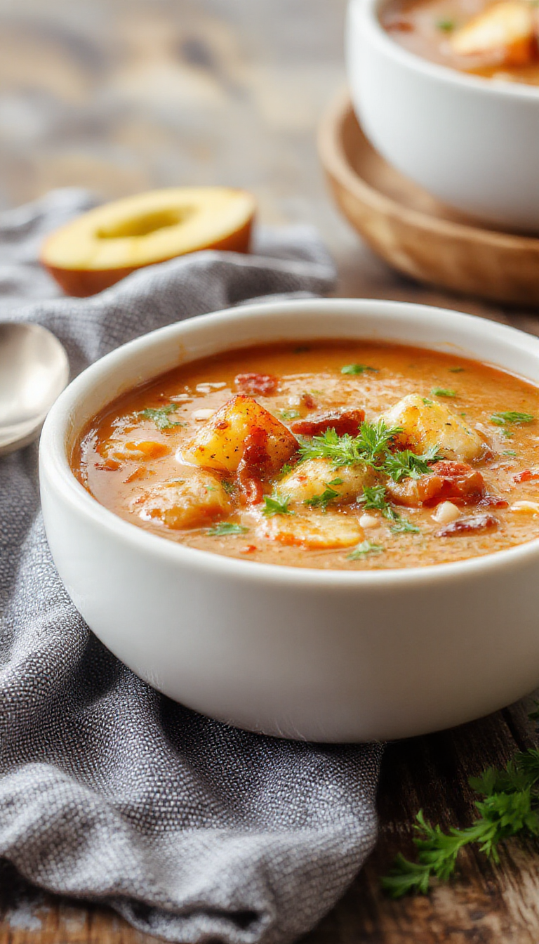 A vibrant bowl of Easy Chile Relleno Soup garnished with fresh cilantro and cheese, showcasing rich red broth with roasted chiles and vegetables.