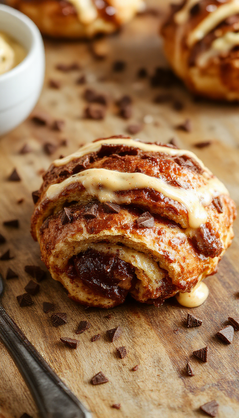 A delicious baked dish featuring flaky croissants topped with rich melted chocolate and a sprinkle of powdered sugar, served warm on a plate.