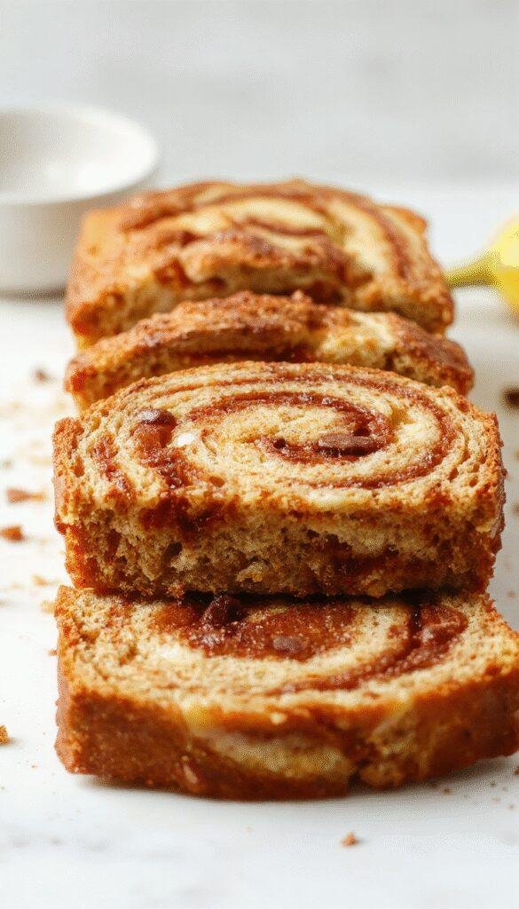 A slice of warm cinnamon swirl banana bread on a rustic wooden plate, garnished with banana slices and a dusting of cinnamon.