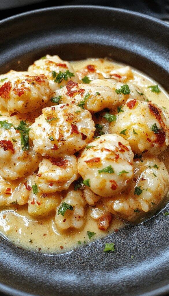 Creamy bowl of Easy Crack Chicken Gnocchi garnished with herbs, served on a rustic wooden table.