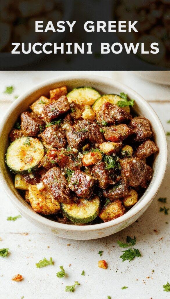 Colorful Greek Beef and Zucchini Bowls topped with fresh herbs, served in rustic bowls with a side of lemon wedges.