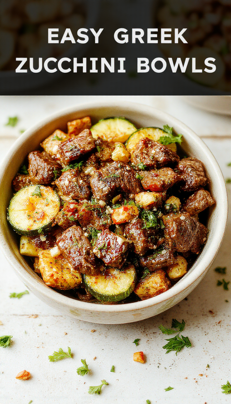 Colorful Greek Beef and Zucchini Bowls topped with fresh herbs, served in rustic bowls with a side of lemon wedges.