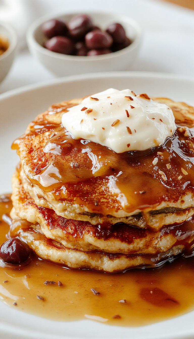A stack of fluffy Greek yogurt pancakes topped with fresh berries and a drizzle of honey on a rustic plate.