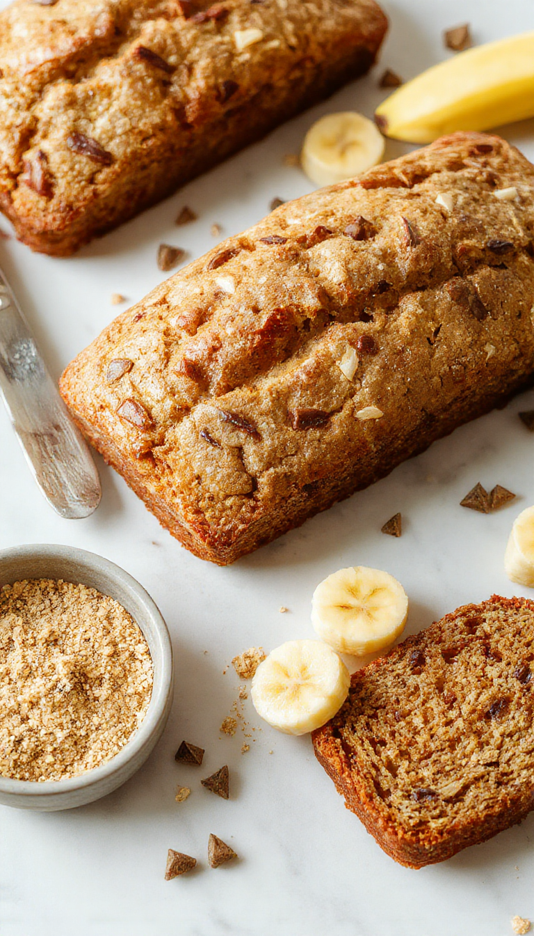A sliced piece of moist and fluffy high-protein banana bread on a rustic wooden plate, garnished with banana slices and nuts.