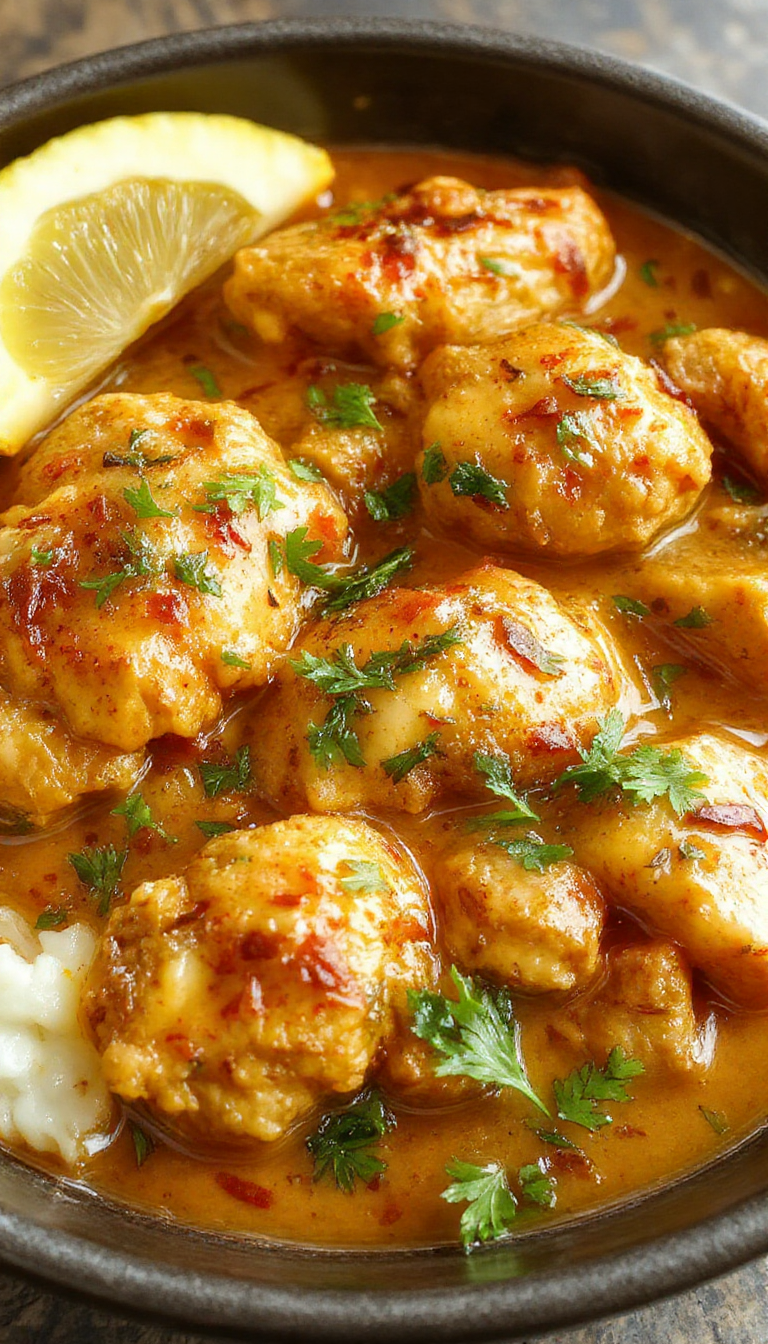 A bowl of creamy homemade butter chicken garnished with fresh cilantro and served with rice.