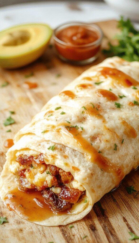 A close-up of a freshly made Easy Homemade Wake Up Wrap filled with scrambled eggs, cheese, and vegetables rolled in a soft tortilla.
