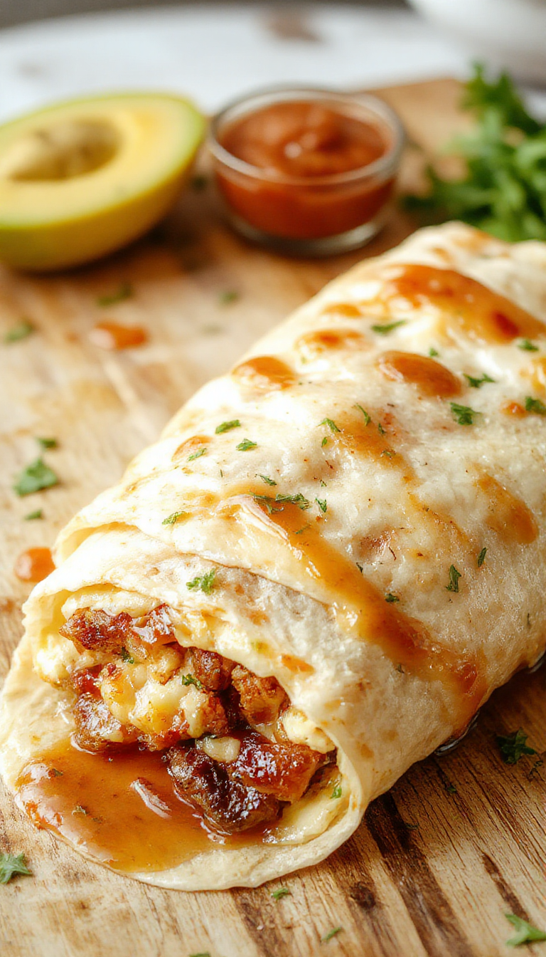 A close-up of a freshly made Easy Homemade Wake Up Wrap filled with scrambled eggs, cheese, and vegetables rolled in a soft tortilla.