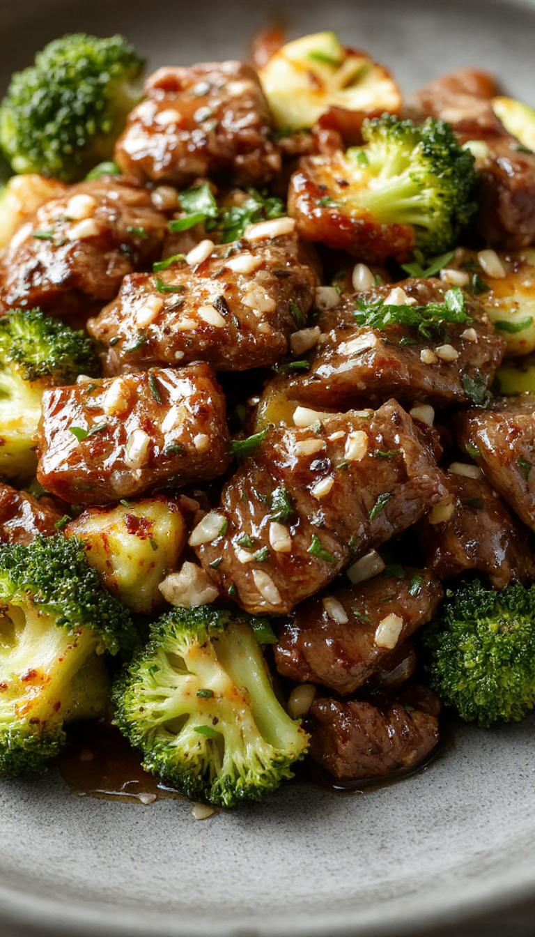 A plate of savory Honey Garlic Beef and Broccoli garnished with sesame seeds, served with steamed rice on a white background