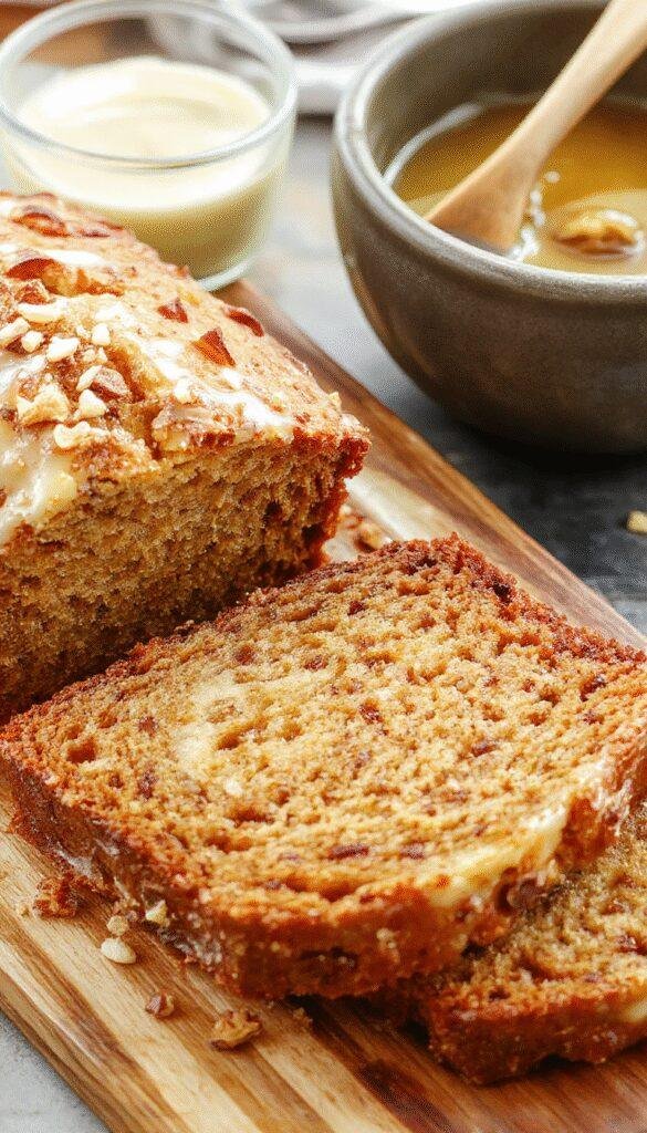 A freshly baked loaf of Easy Honey Vanilla Banana Bread garnished with slices of banana and a drizzle of honey, displaying its moist texture and golden crust.