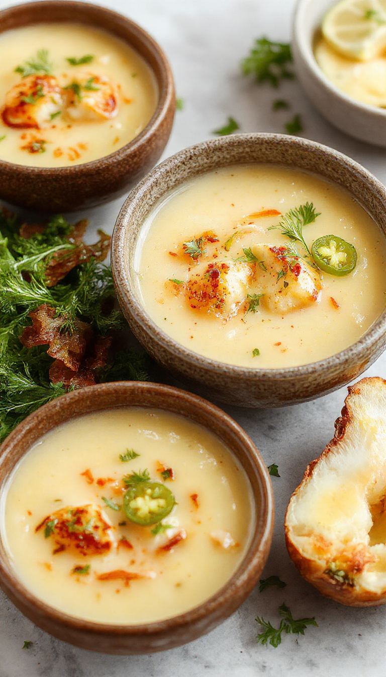 A bowl of spicy jalapeño popper soup topped with shredded cheese and chopped chives, served with bread on the side.