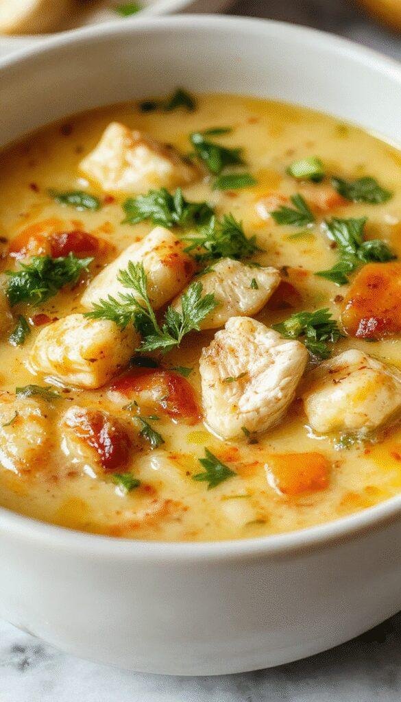 A steaming bowl of easy keto chicken soup with shredded chicken, vegetables, and herbs in a clear broth