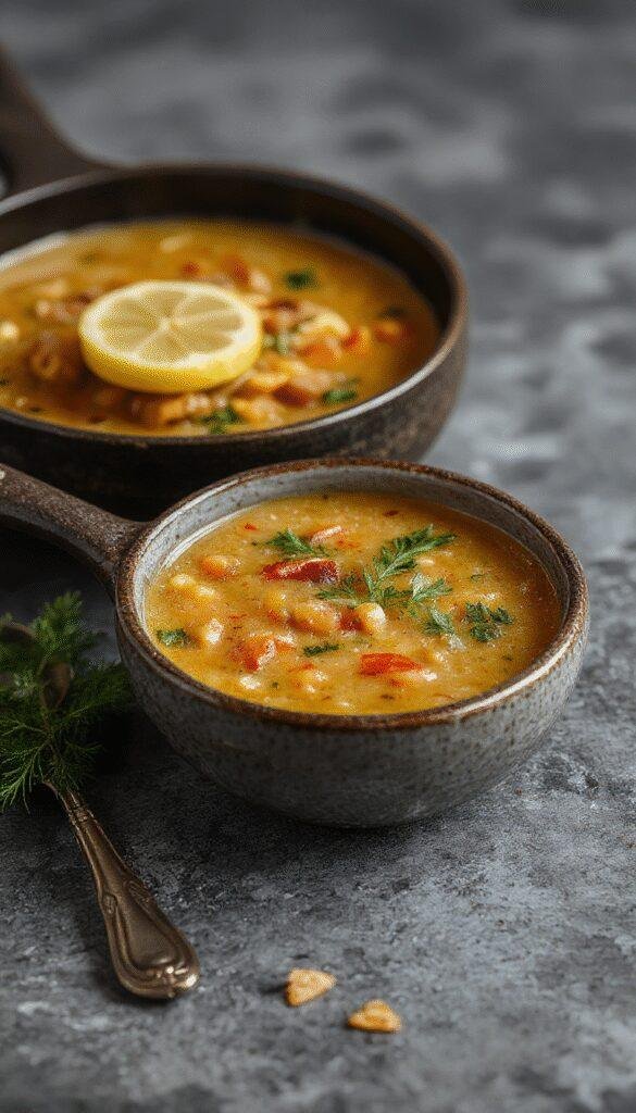 A warm bowl of Easy Lemon Lentil Soup garnished with fresh herbs and lemon slices, served with crusty bread on the side.