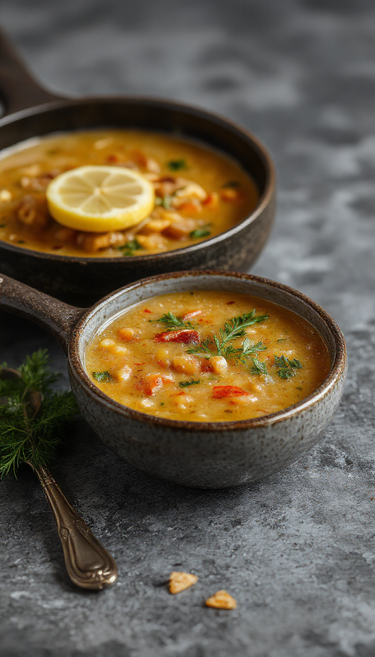 A warm bowl of Easy Lemon Lentil Soup garnished with fresh herbs and lemon slices, served with crusty bread on the side.