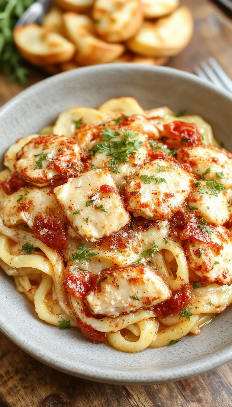 Creamy Marry Me Chicken Pasta served on a white plate with fresh herbs and sunset background