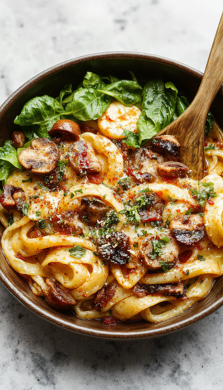 A plate of easy mushroom spinach pasta topped with grated cheese and fresh herbs, served on a rustic wooden table.