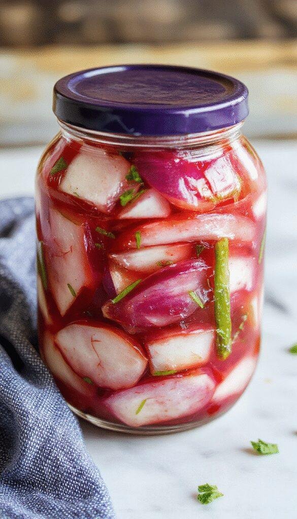 A glass jar filled with vibrant pink pickled red onions slices, placed next to a small bowl of the same onions on a wooden table.