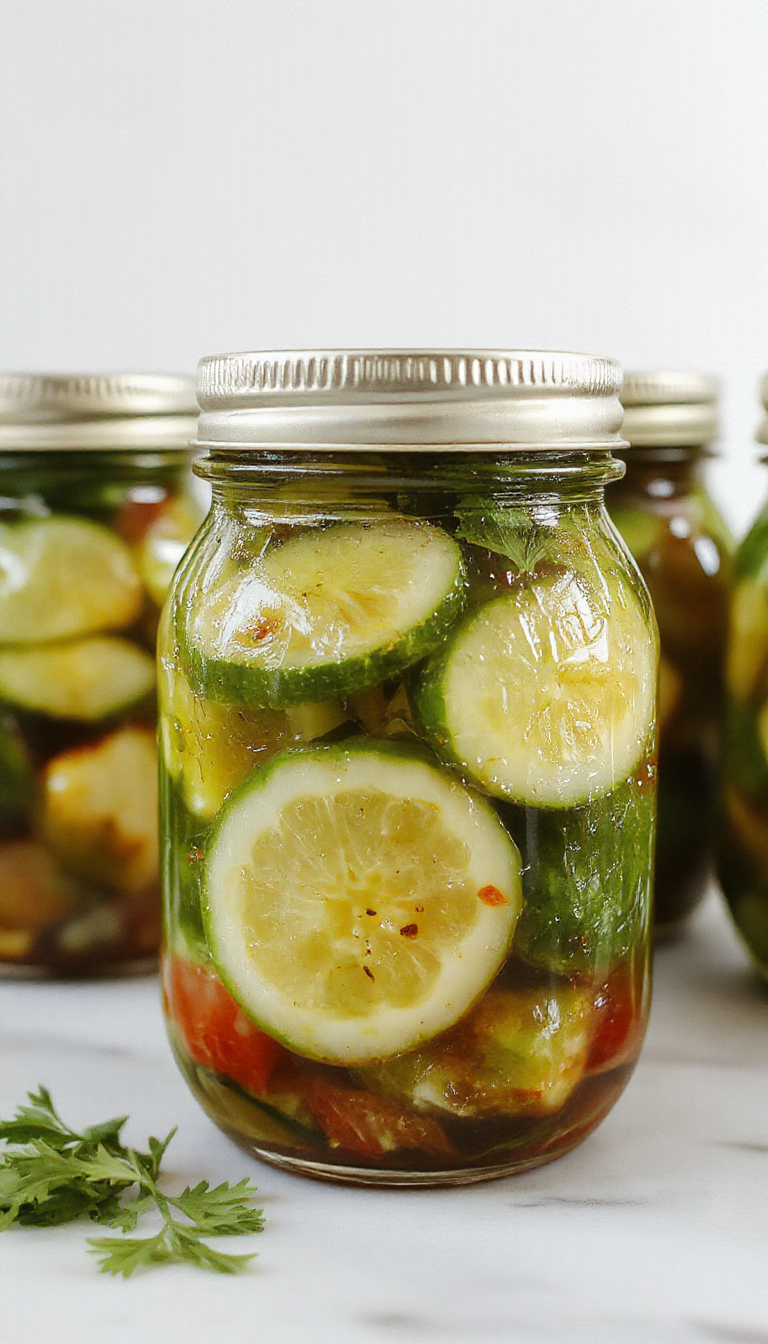 Crisp homemade refrigerator pickles in glass jars with fresh dill and garlic slices ready for storage.