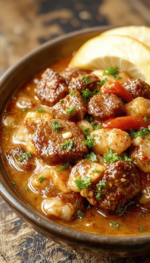 A steaming bowl of tender slow cooker beef curry garnished with fresh herbs and served with rice.