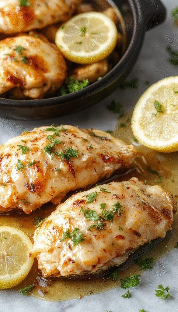 Juicy lemon chicken cooking in a slow cooker with fresh herbs and lemon slices on top.