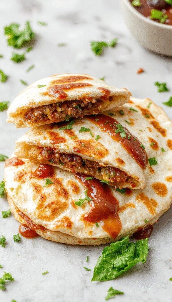 A crispy Smash Burger Quesadilla cut in half revealing melted cheese, seasoned beef, and crispy tortilla layers inside.