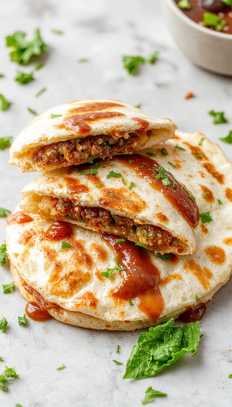 A crispy Smash Burger Quesadilla cut in half revealing melted cheese, seasoned beef, and crispy tortilla layers inside.