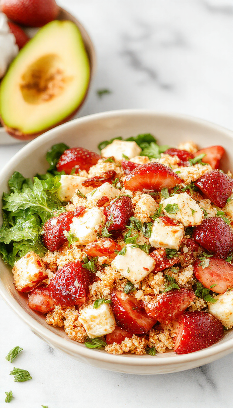 A vibrant bowl of Easy Strawberry Crunch Salad featuring fresh strawberries, crunchy granola, and a creamy dressing topped with mint leaves.