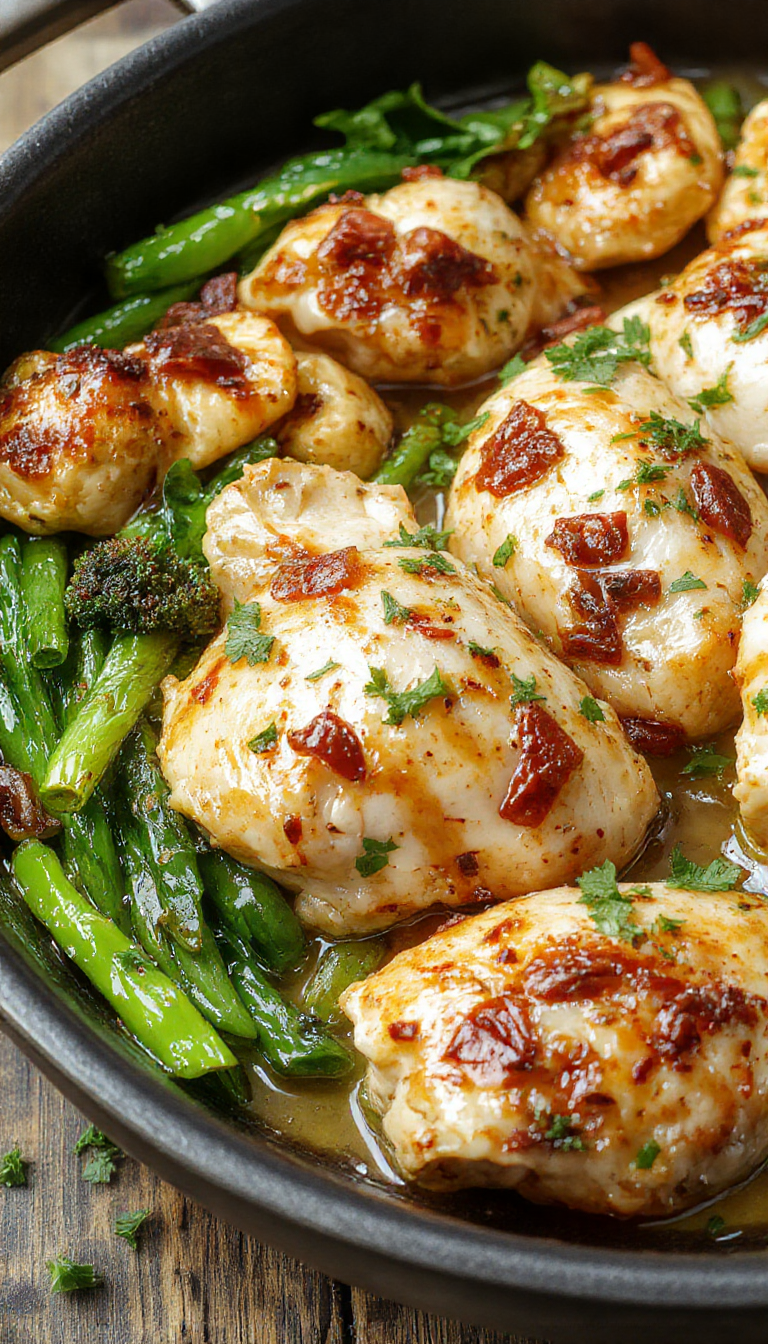 A sizzling skillet of Texas Roadhouse Chicken with golden crispy exterior, garnished with fresh herbs and served with sides on a rustic wooden table