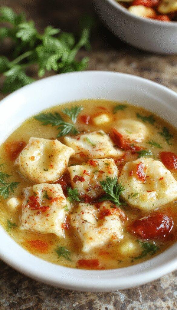 A steaming bowl of Easy Tuscan Ravioli Soup with colorful vegetables, fresh herbs, and tender ravioli floating in a flavorful broth.