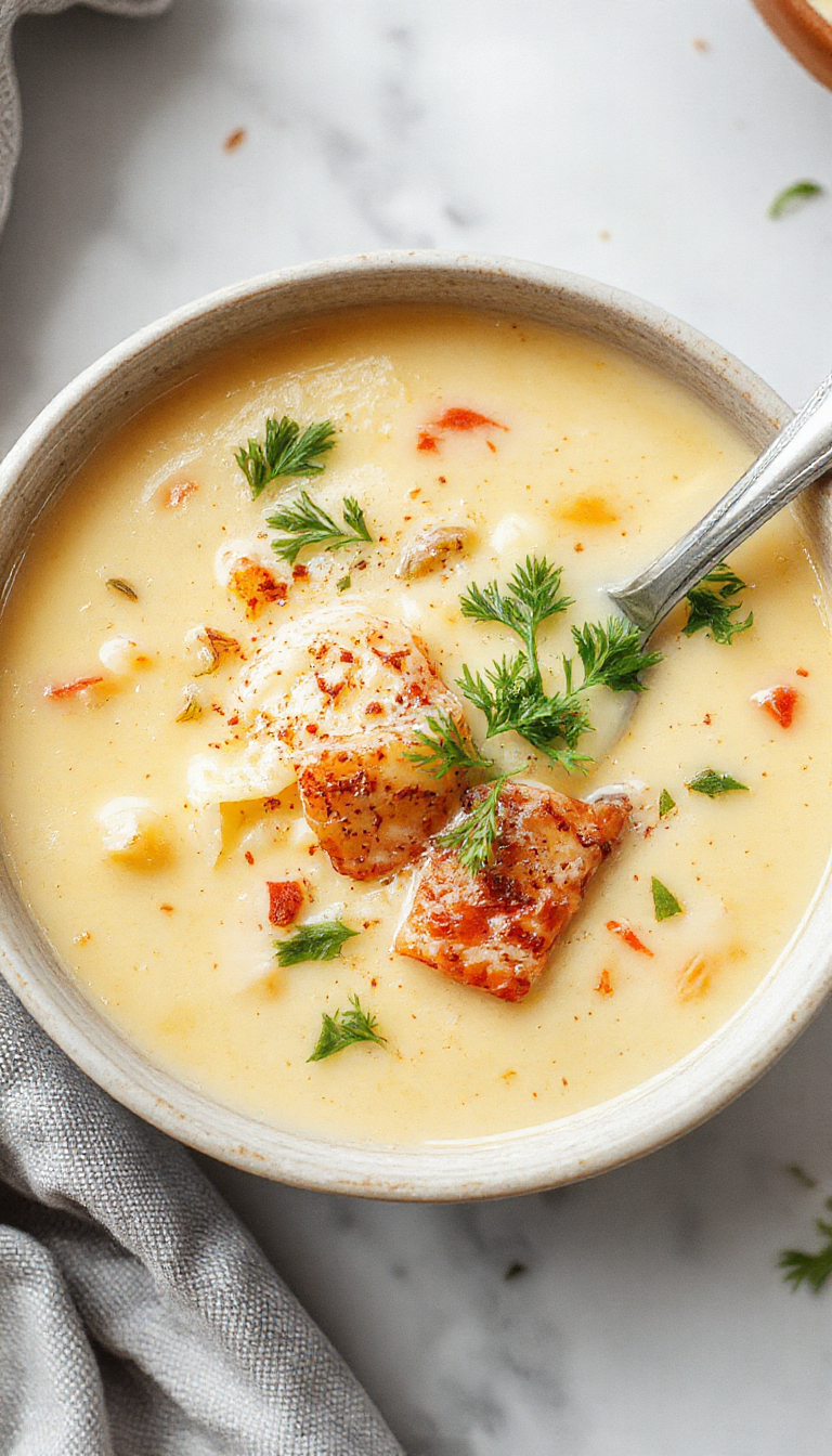 A steaming bowl of Easy White Lasagna Soup garnished with fresh herbs and melted cheese, served with crusty bread on the side.
